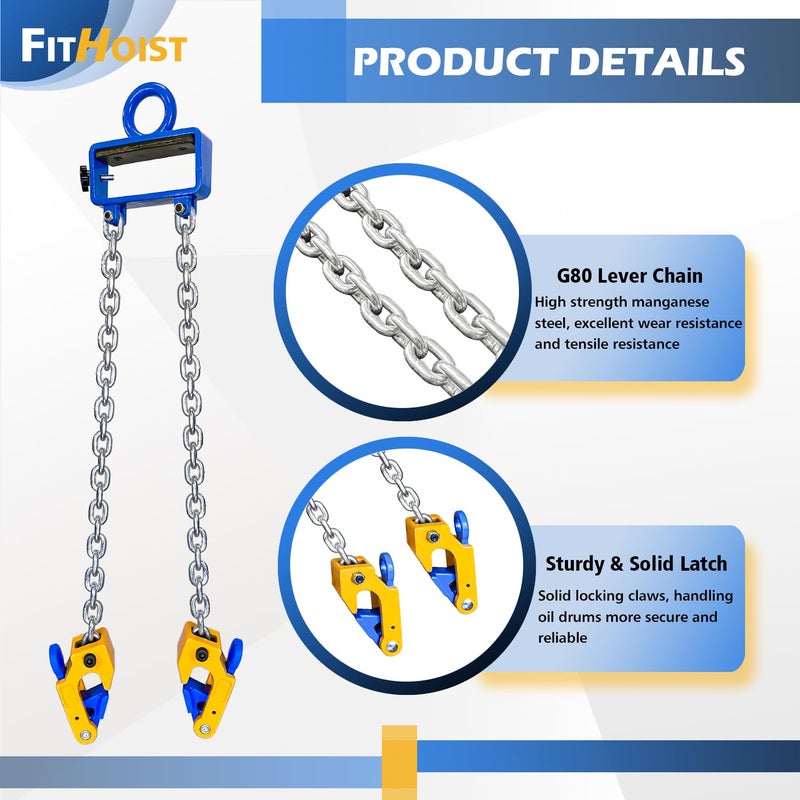 FITHOIST Updated Chain Drum Lifter | 1 ton(2200 lbs) Capacity Vertical Drum Lifter Chain Sling | Carbon Steel Hook with Built-in Spring | Fit for 30-55 Gallon Barrel - Image 4